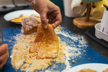 Close-up of making schnitzelの写真素材