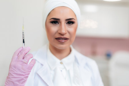 Portrait of a nurse with syringe of medicine in her hand.の写真素材