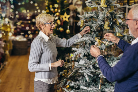Senior couple at Christmas Market buying decor toys and balls. Concept of Christmas and New Year shopping.の写真素材