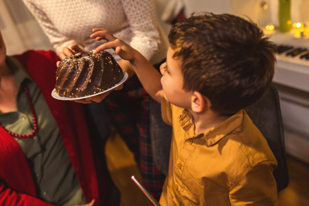 Mother brought tasty cake on the dining table. Family celebrating Christmas.の写真素材
