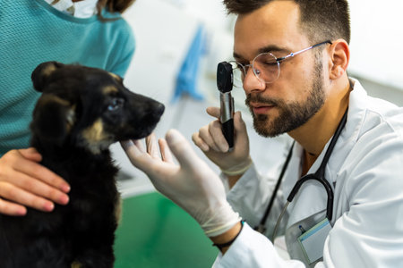 Young man, a veterinarian by profession, examines a dog in modern vet clinic.Young owner helps to calm down the pet and talks with the vet specialist.の写真素材