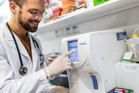 Male veterinarian working in laboratory. Vet doctor is examining sample at animal hospital. He is wearing uniform.の写真素材