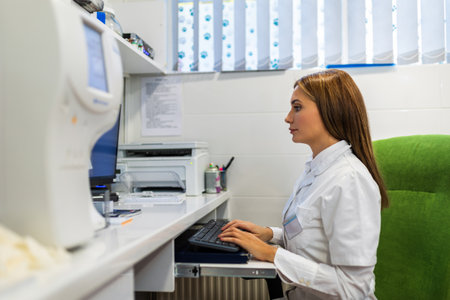 Female veterinarian working in laboratory. Vet doctor is examining sample at animal hospital. She is wearing uniform.の写真素材