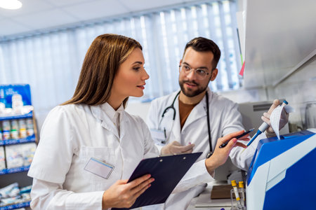 Veterinarians working in laboratory. Vet doctors are examining sample at animal hospital.
