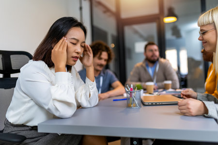 Young asian business woman having headache in the office while having a meetingの写真素材