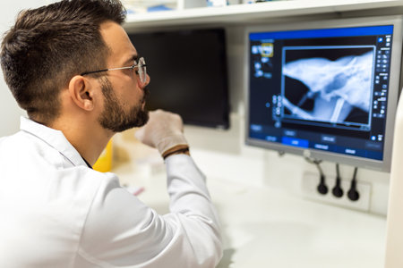 A radiologist looks at an x-ray image in his labの写真素材