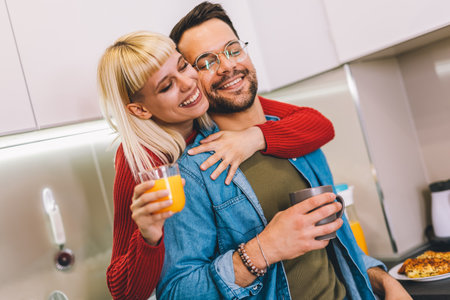 Young man and woman standing in kitchen and talking. Happy wife and husband with cups of coffee and juice standing in the kitchen.の写真素材