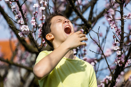 Child with pollen allergy. Boy sneezing because of seasonal allergyの写真素材