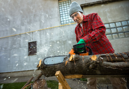 Man cutting wood with saw, dust and movements. Chainsaw.の写真素材