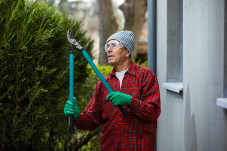 Gardener pruning tree with pruning shears