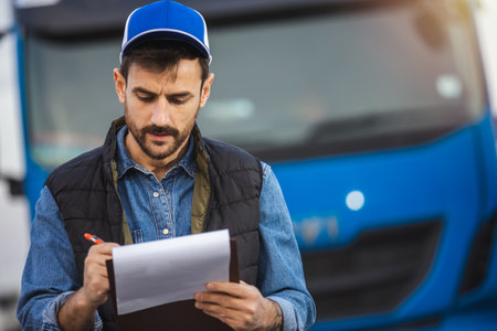 Cargo dispatcher writing on clipboard on truck parking lot.
