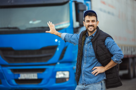 Happy confident male driver standing in front on his long vehicle ready to drive.