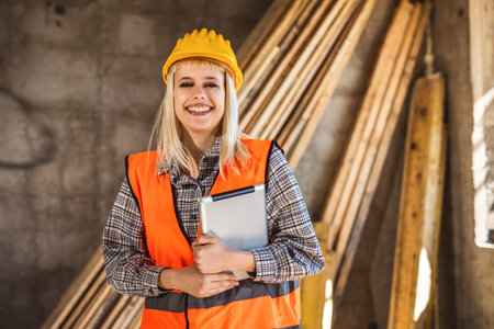 Portrait of successful woman constructor wearing yellow helmet and safety yellow vest. Portrait of architect standing at building site and looking at camera.の写真素材