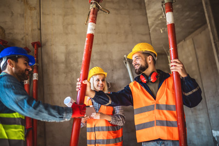Two construction workers carrying a scaffolding at a building stie - people at work concepts
