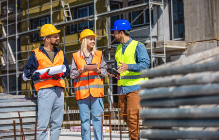 Construction team planning a building blueprint project on site with collaboration for architect...