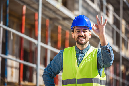 Construction site manager standing  wearing safety vest and helmet, thinking at construction site....
