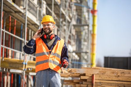 Construction site manager standing  wearing safety vest and helmet, talking to the phone at...