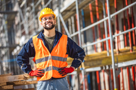 Construction site manager standing  wearing safety vest and helmet, thinking at construction site....