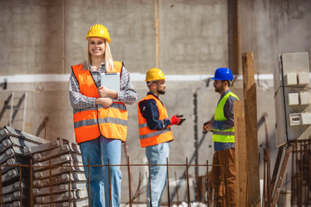 Portrait of successful woman constructor wearing yellow helmet and safety yellow vest. Portrait of...