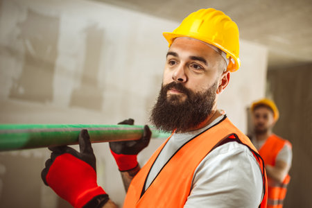 Two construction workers carrying pipes at a building site - people at work conceptsの写真素材