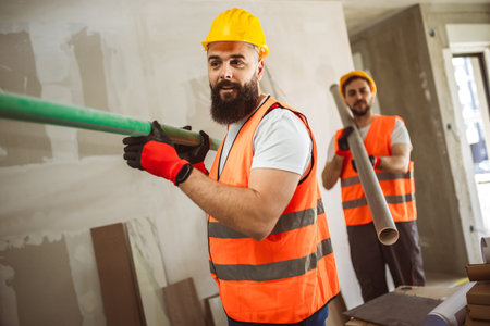Two construction workers carrying pipes at a building site - people at work concepts