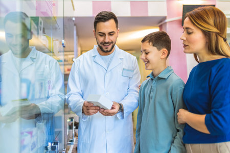 Cheerful pharmacist chemist man giving vitamins to young mom with son in the modern pharmacy.の写真素材