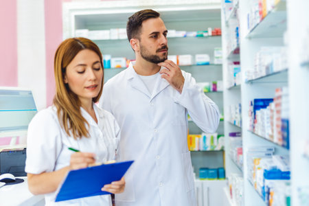 Pharmacists working at the shelfs of pharmacy, drugstore.の写真素材