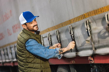 Young handsome truck driver secures the truck.の写真素材