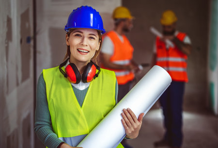 Portrait of successful woman constructor wearing yellow helmet and safety yellow vest. Portrait of architect standing at building site and looking at camera.の写真素材