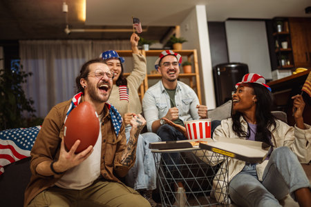 Multiracial group of friends watching rugby with American flags.