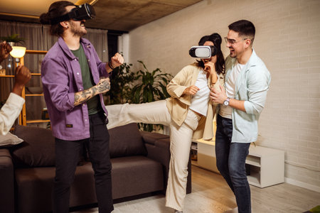 Multiracial group of friends having fun with VR headset.の写真素材