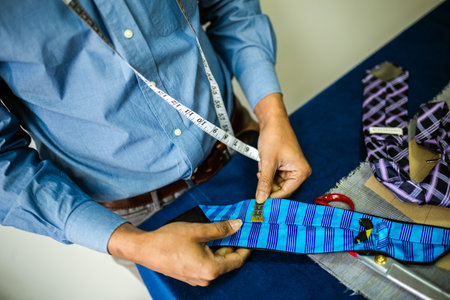 African American men fashion designer, tailor making a tie.の写真素材