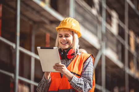 Architect woman using tablet and happy on construction site in industry, planning and inspectioning.の写真素材