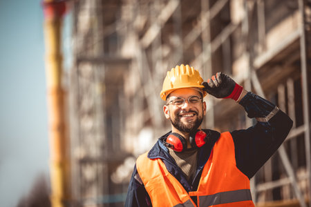 Construction site manager standing  wearing safety vest and helmet, thinking at construction site....