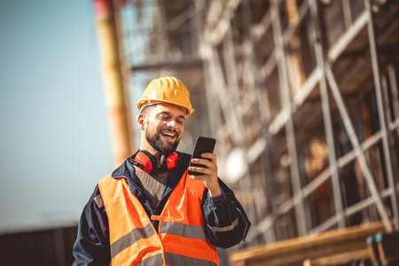 Construction site manager standing  wearing safety vest and helmet,using his phone at construction site.の写真素材