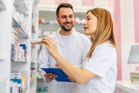 Pharmacists working at the shelfs of pharmacy, drugstore.の写真素材