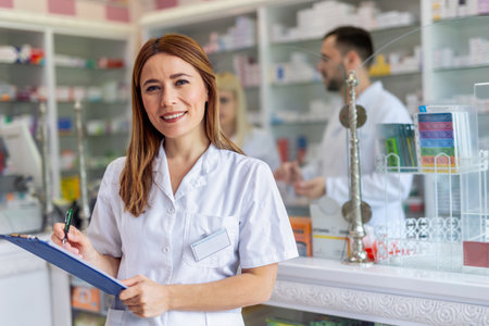 Young female pharmacist standing at the cash desk and writing something on the clipboard in the pharmacy.の写真素材