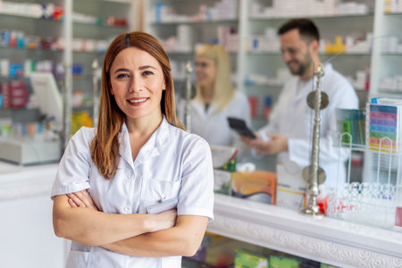 Smiling portrait of young, beautiful female pharmacist that is standing at the cash desk. Other pharmacists working in the background.の写真素材