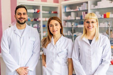 Portrait of three smiling pharmacists that are standing in the pharmacy.の写真素材