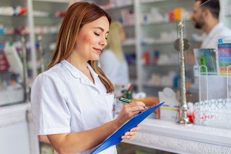 Young female pharmacist standing at the cash desk and writing something on the clipboard in the pharmacy.の写真素材