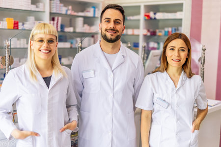 Portrait of three smiling pharmacists that are standing in the pharmacy.の写真素材