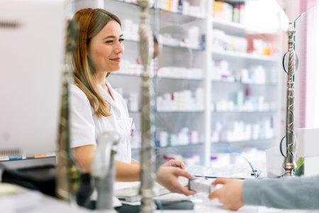 Woman pharmacist  consulting customer at counter for prescription drugs or medicine at the pharmacy. Female doctor giving patient medical antibiotics at the pharmacyの写真素材