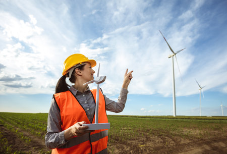 Woman engineer looking at wind turbine farm. She is wearing florescent vest and helmet for protection.の写真素材