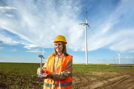 Woman engineer looking at wind turbine farm. She is wearing florescent vest and helmet for protection.の写真素材