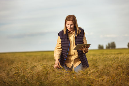 Agronomist  checks the quality of the grains in the middle of a wheat field. She has a tablet.の写真素材
