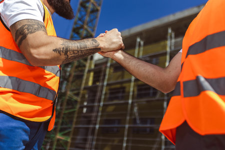 Contractor. construction worker team hands shaking after plan project contract  at construction site, contractor, engineering, partnership, construction conceptの写真素材