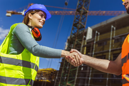 Contractor. construction worker team hands shaking after plan project contract  at construction site, contractor, engineering, partnership, construction conceptの写真素材