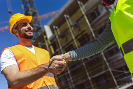 Contractor. construction worker team hands shaking after plan project contract  at construction site, contractor, engineering, partnership, construction conceptの写真素材
