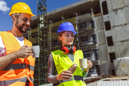 Three constructions workers having coffee and lunch break at construction site.の写真素材