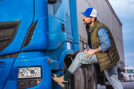 Young handsome truck driver checking if everything is good with his truck.の写真素材